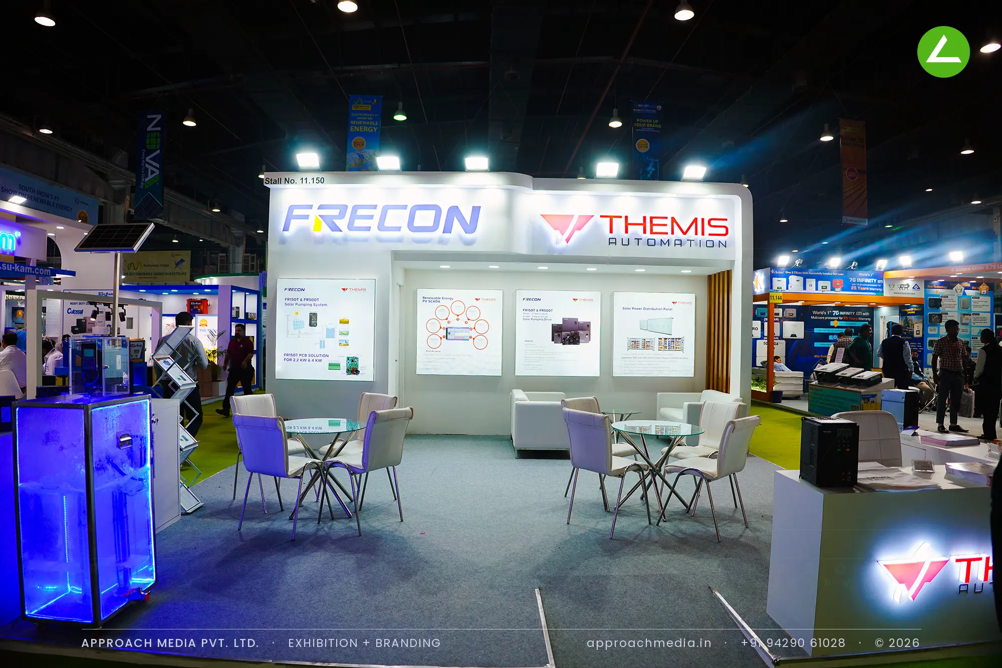 Frecon and Themis Automation sharing one lit fascia with twin logos above a white bay of backlit diagram panels