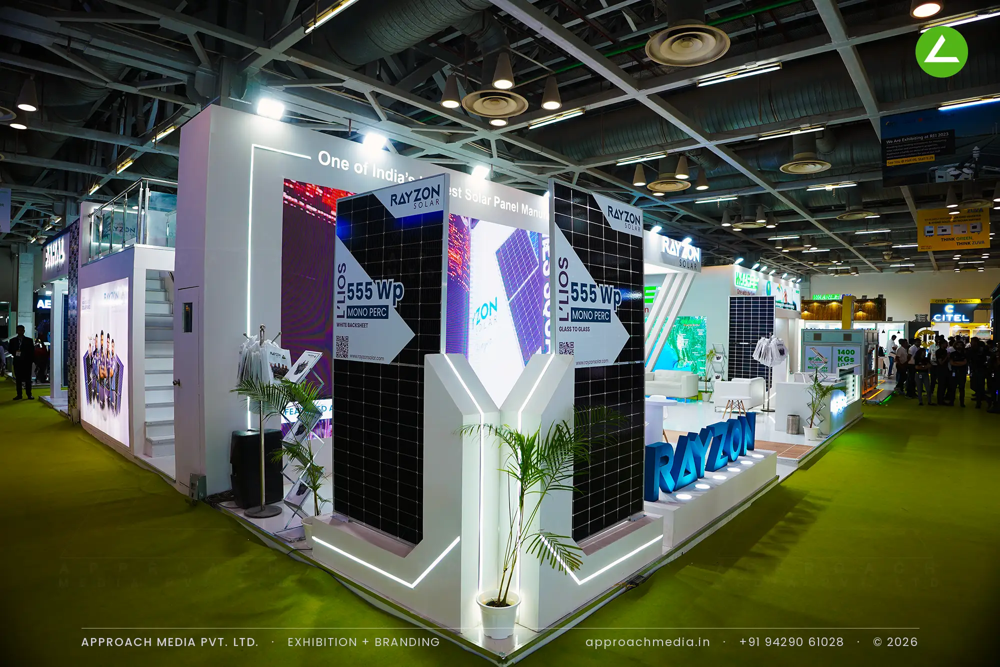 Rayzon Solar's two-storey stand with recessed light lines and flush-set solar modules, India Expo Centre, Greater Noida