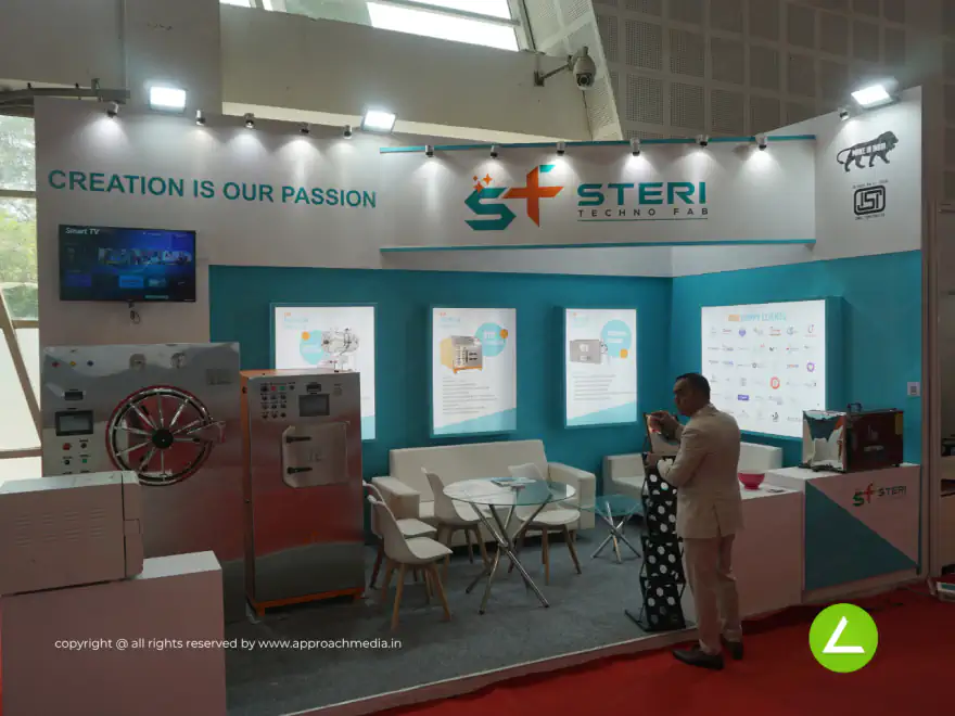 Fabrication Exhibition Stall Design at BNI Symposium Gandhinagar — 18 sqm 2 side open trade show booth for Steri Techno Fab at BNI Symposium 2024, 2024