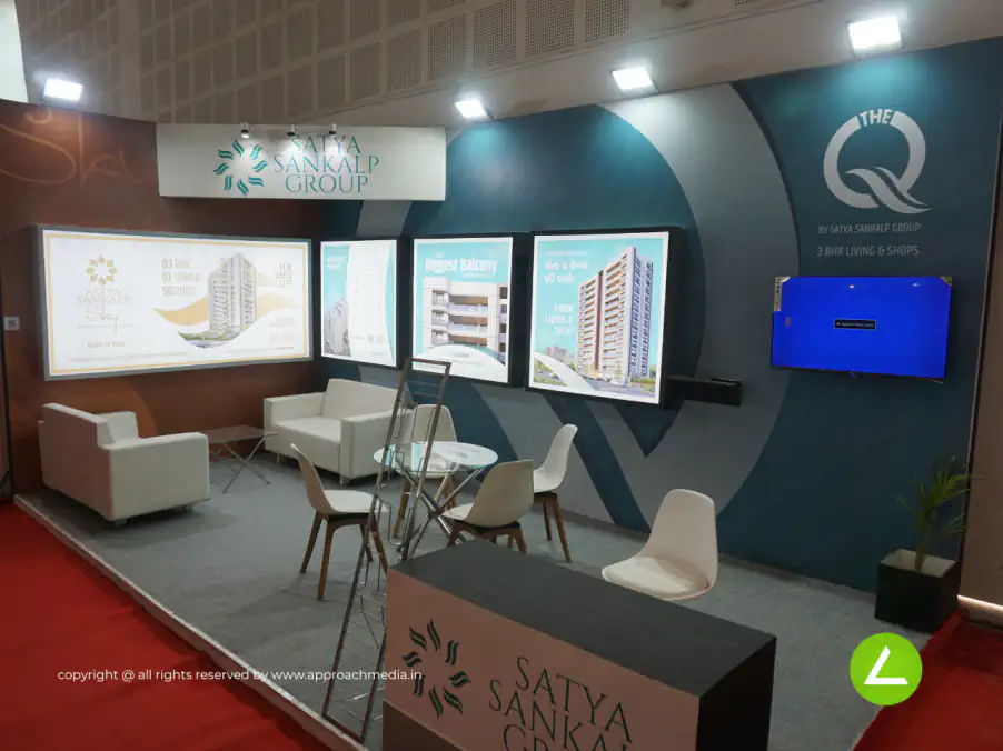 Property Developer Exhibition Stall Design at BNI Symposium Gandhinagar — 18 sqm 2 side open trade show booth for Satya Sankalp Group at BNI Symposium 2024, 2024