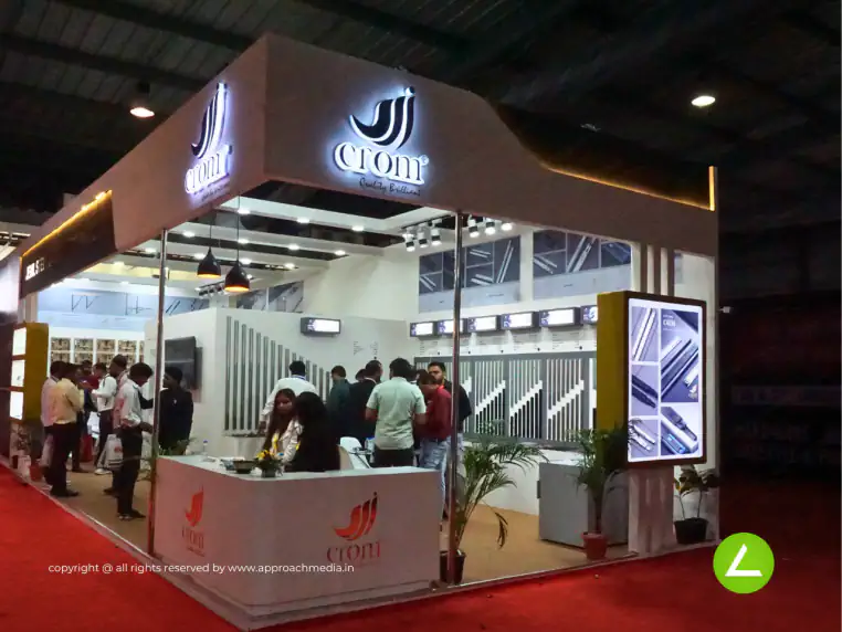 Hardware Fittings Exhibition Stall Design at HBLF Gandhinagar — 65 sqm 2 side open trade show booth for Crom at HBLF 2024, 2024