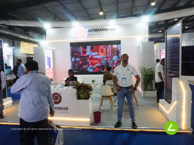 Solar Energy Systems Exhibition Stall Design at Intersolar Gandhinagar — 36 sqm 3 side open trade show booth for Aatmanibhar at Intersolar 2024, 2024