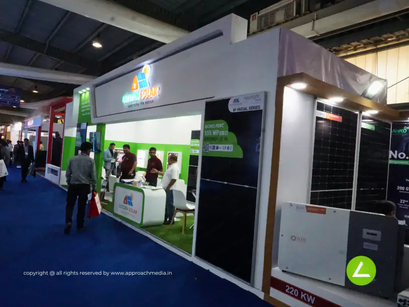 Solar Module Exhibition Stall Design at Intersolar Mumbai — 30 sqm 1 side open trade show booth for Citizen Solar at Intersolar 2024, 2024
