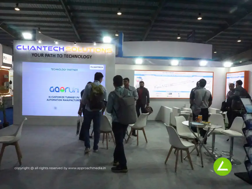 Solar Technology Exhibition Stall Design at Intersolar Mumbai — 54 sqm 2 side open trade show booth for Cliantech Solutions at Intersolar 2024, 2024