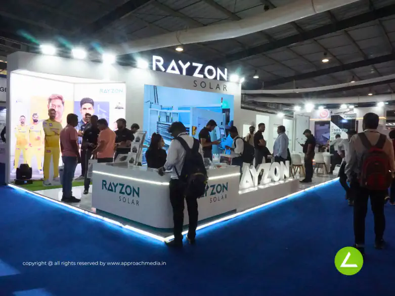 Solar Power Exhibition Stall Design at Intersolar Mumbai — 84 sqm 3 side open trade show booth for Rayzon Solar at Intersolar 2024, 2024