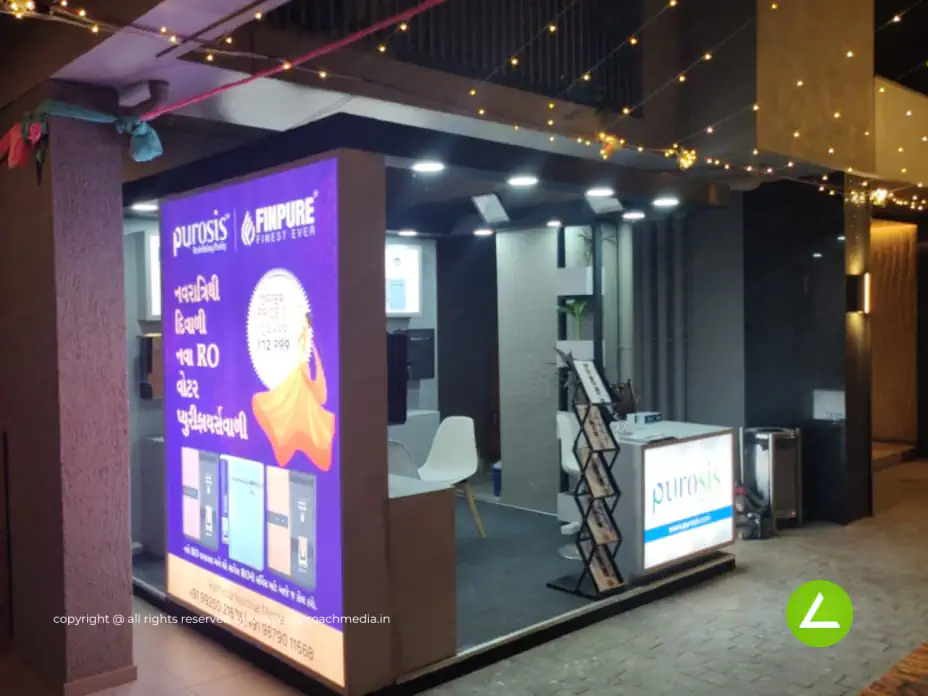 Water Purifier Exhibition Stall Design at Navratri Expo Ahmedabad — 24 sqm 2 side open trade show booth for Purosis at Navratri 2024, 2024