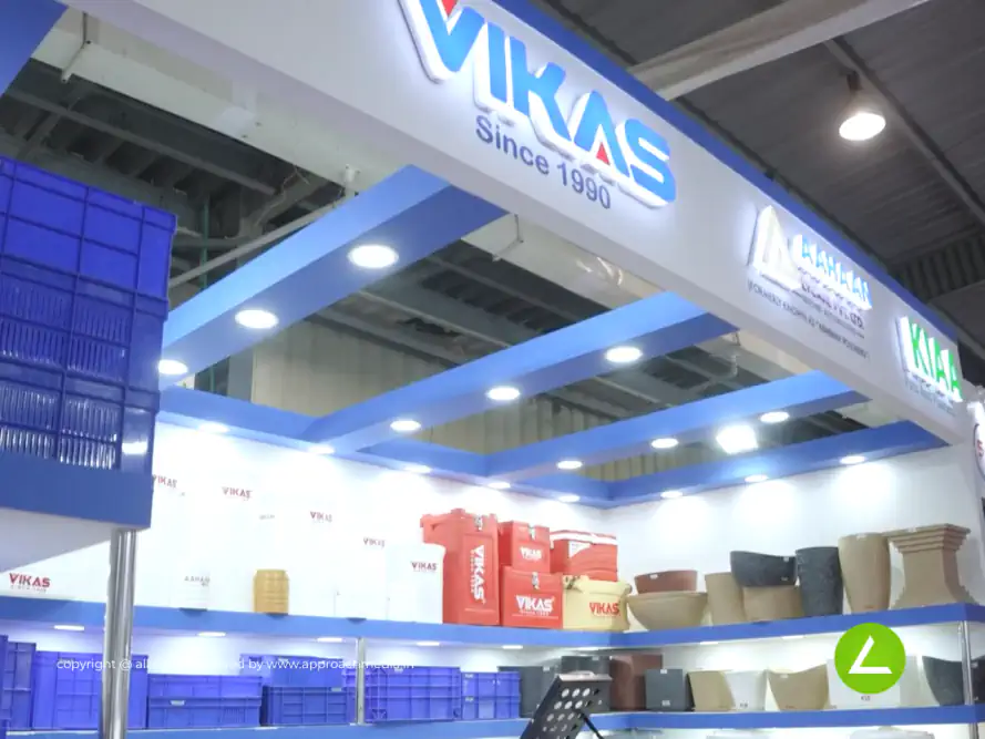 Plastic Industry Exhibition Stall Design at Plexpo Gandhinagar — 18 sqm 1 side open trade show booth for Vikas at Plexpo 2024, 2024