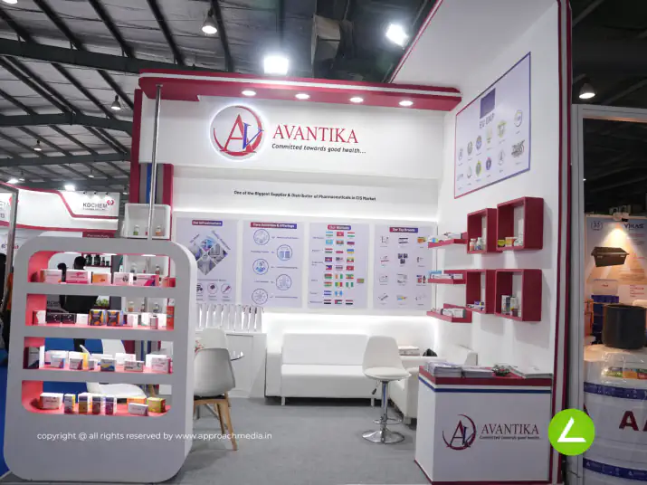 Pharmaceutical Exhibition Stall Design at Pharmatech 2024 Gandhinagar — 16 sqm 2 side open trade show booth for Avantika at Pharmatech 2024, 2024