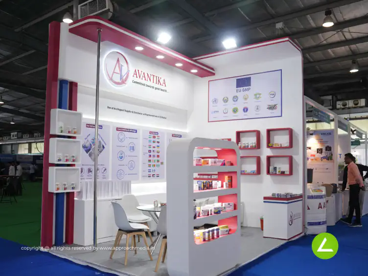 Pharma Products Exhibition Stall Design at Pharmatech 2024 Gandhinagar — 12 sqm 2 side open trade show booth for Avantika at Pharmatech 2024, 2024