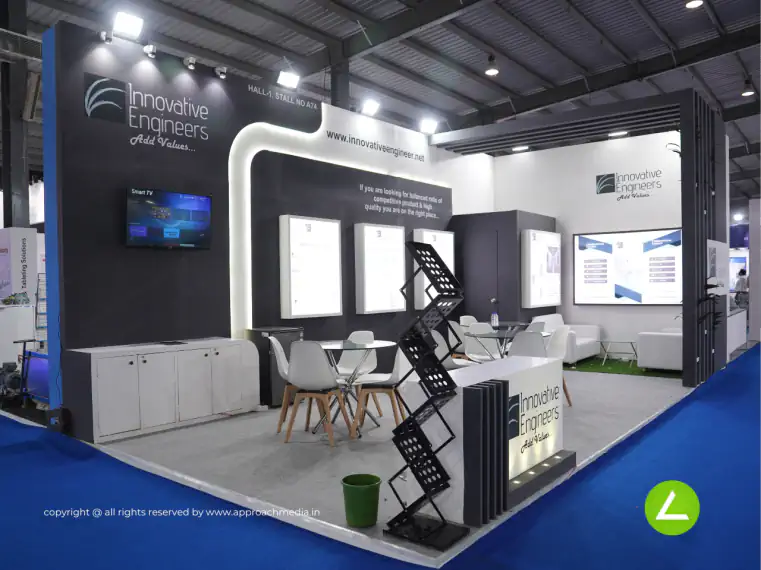 Pharma Machinery Engineering Exhibition Stall Design at Pharmatech 2024 Gandhinagar — 32 sqm 2 side open trade show booth for Innovative Engineers at Pharmatech 2024, 2024