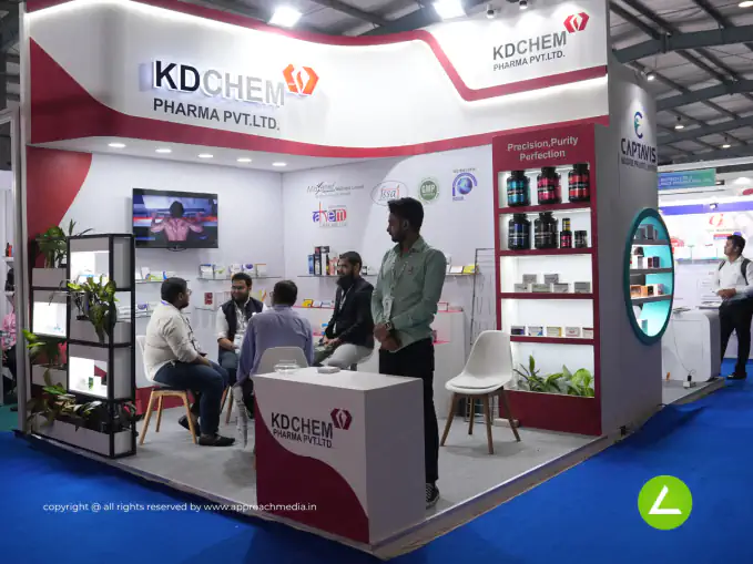 Pharma Manufacturer Exhibition Stall Design at Pharmatech 2024 Gandhinagar — 12 sqm 2 side open trade show booth for KD Chem Pharma at Pharmatech 2024, 2024