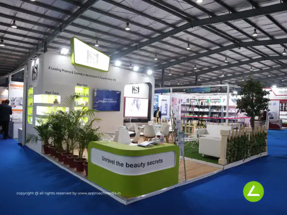 Pharma & Cosmetics Exhibition Stall Design at Pharmatech 2024 Gandhinagar — 36 sqm 3 side open trade show booth for Kavit at Pharmatech 2024, 2024