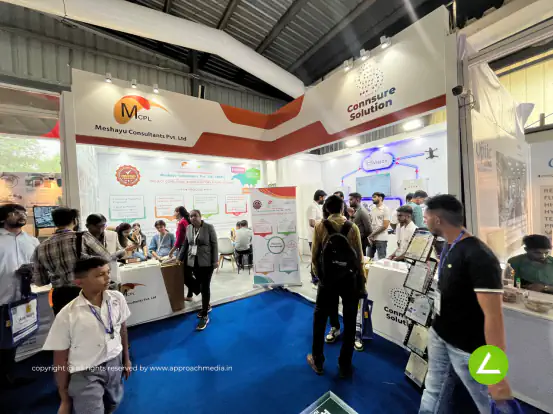 Business Consultancy Exhibition Stall Design at Pharmatech 2024 Gandhinagar — 27 sqm 2 side open trade show booth for Meshayu Consultants at Pharmatech 2024, 2024