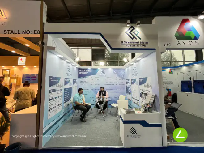 Management Consultancy Exhibition Stall Design at Pharmatech 2024 Gandhinagar — 9 sqm 1 side open trade show booth for QCC Management Solution at Pharmatech 2024, 2024