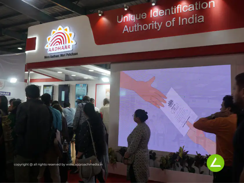 Government Initiative Pavilion Exhibition Stall Design at Vibrant Gujarat Gandhinagar — 27 sqm 2 side open trade show booth for Aadhar at Vibrant Gujarat 2024, 2024