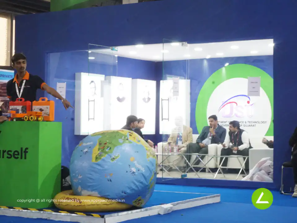 Science & Technology Pavilion Exhibition Stall Design at Vibrant Gujarat Gandhinagar — 500 sqm 2 side open trade show booth for DST at Vibrant Gujarat 2024, 2024