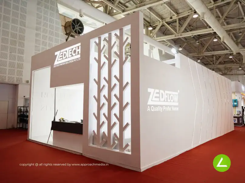 Water Technology Exhibition Stall Design at WAPTAG Expo 2024 Gandhinagar — 84 sqm 1 side open trade show booth for Zedtech at WAPTAG Expo 2024, 2024