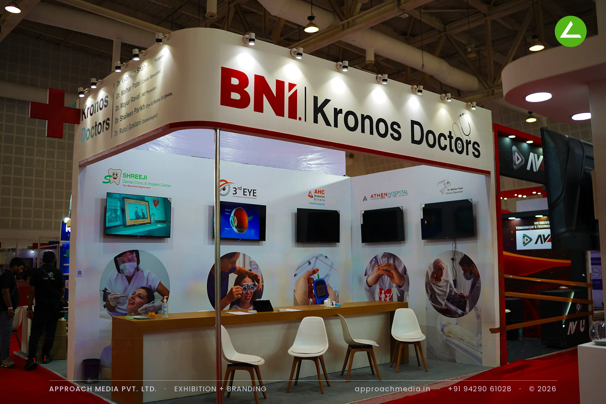 BNI Kronos Doctors exhibition stall design at BNI Symposium Gandhinagar, five screens above a long wood consultation counter