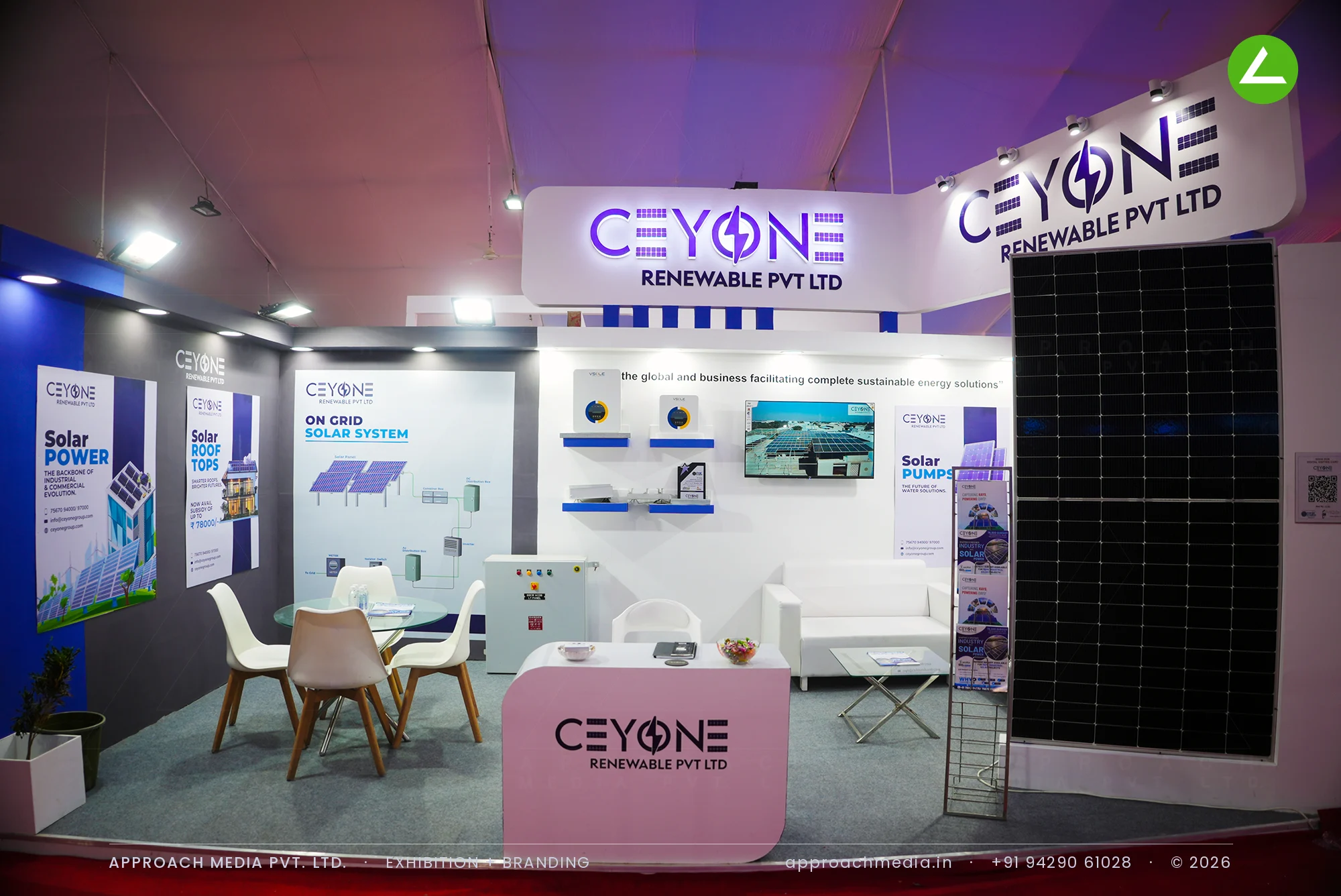 Ceyone Renewable exhibition stall design at EngiExpo Ahmedabad with lit brand fascia and full-size solar module on display