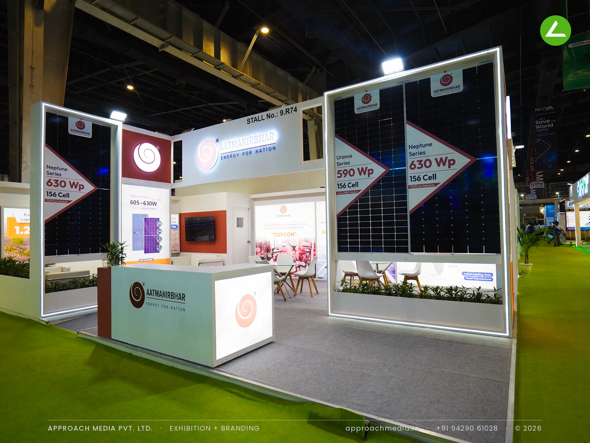 Solar modules in LED-lit frames at the Aatmanirbhar exhibition stall design at REI Expo Greater Noida