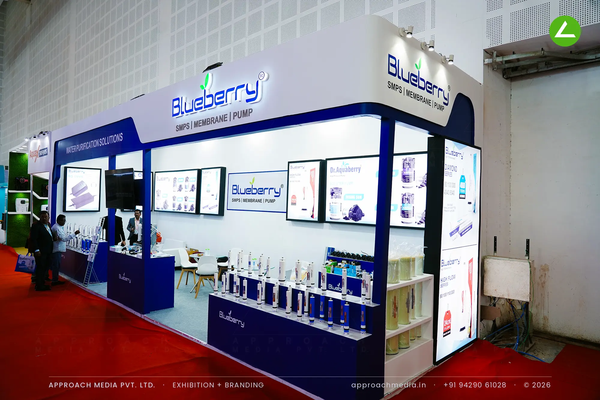 Blueberry exhibition stall design at WAPTAG Water Expo Gandhinagar with navy fascia, backlit panels and membranes on plinths