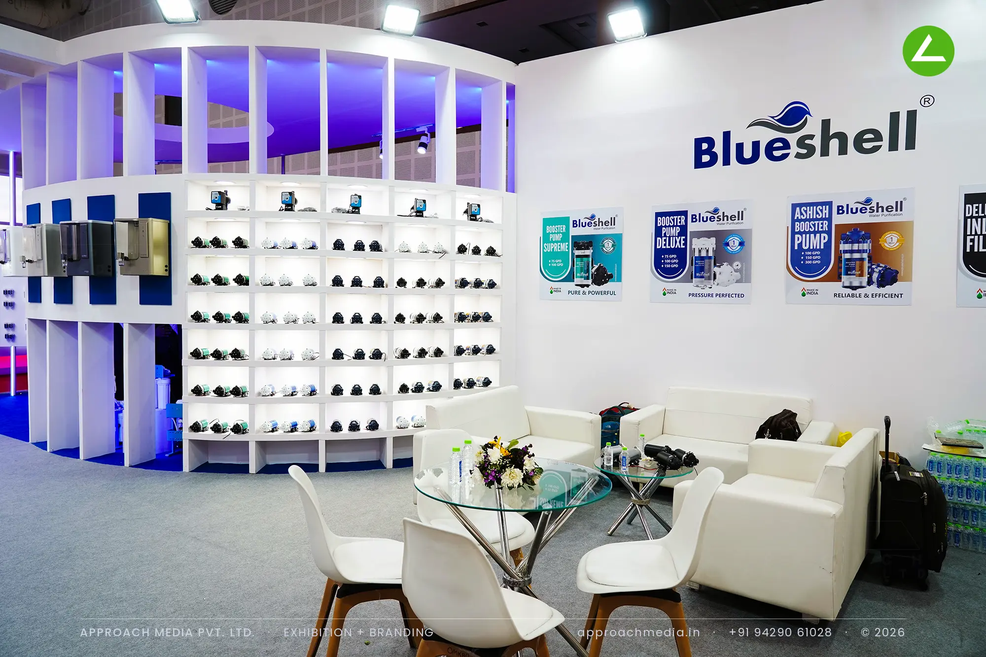 Blueshell at WAPTAG Water Expo Gandhinagar: a 45 sqm exhibition stall design in white and violet — photo 4