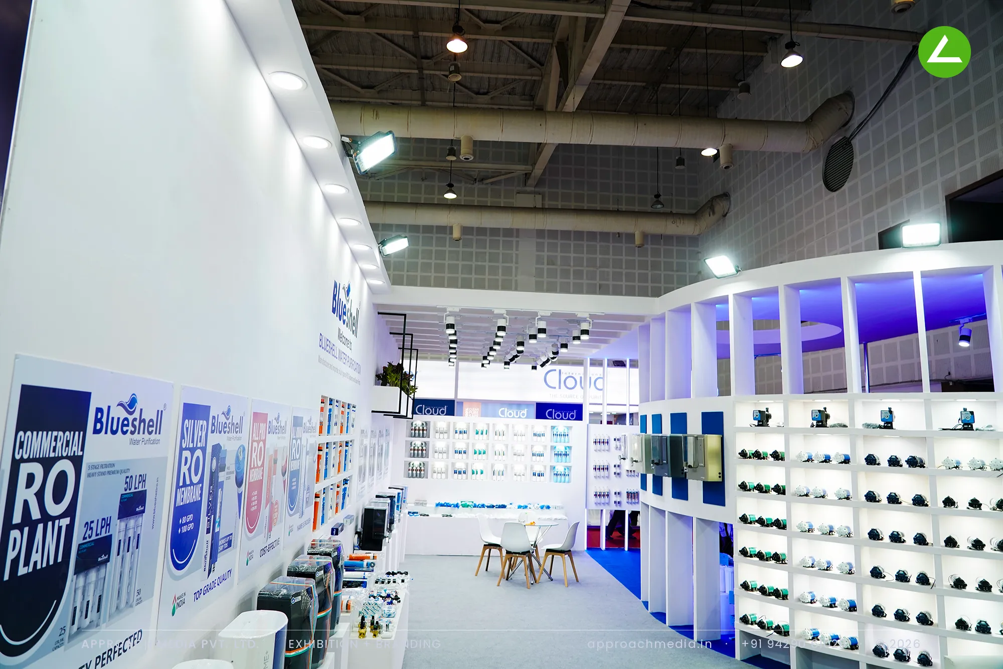 Blueshell at WAPTAG Water Expo Gandhinagar: a 45 sqm exhibition stall design in white and violet — photo 3