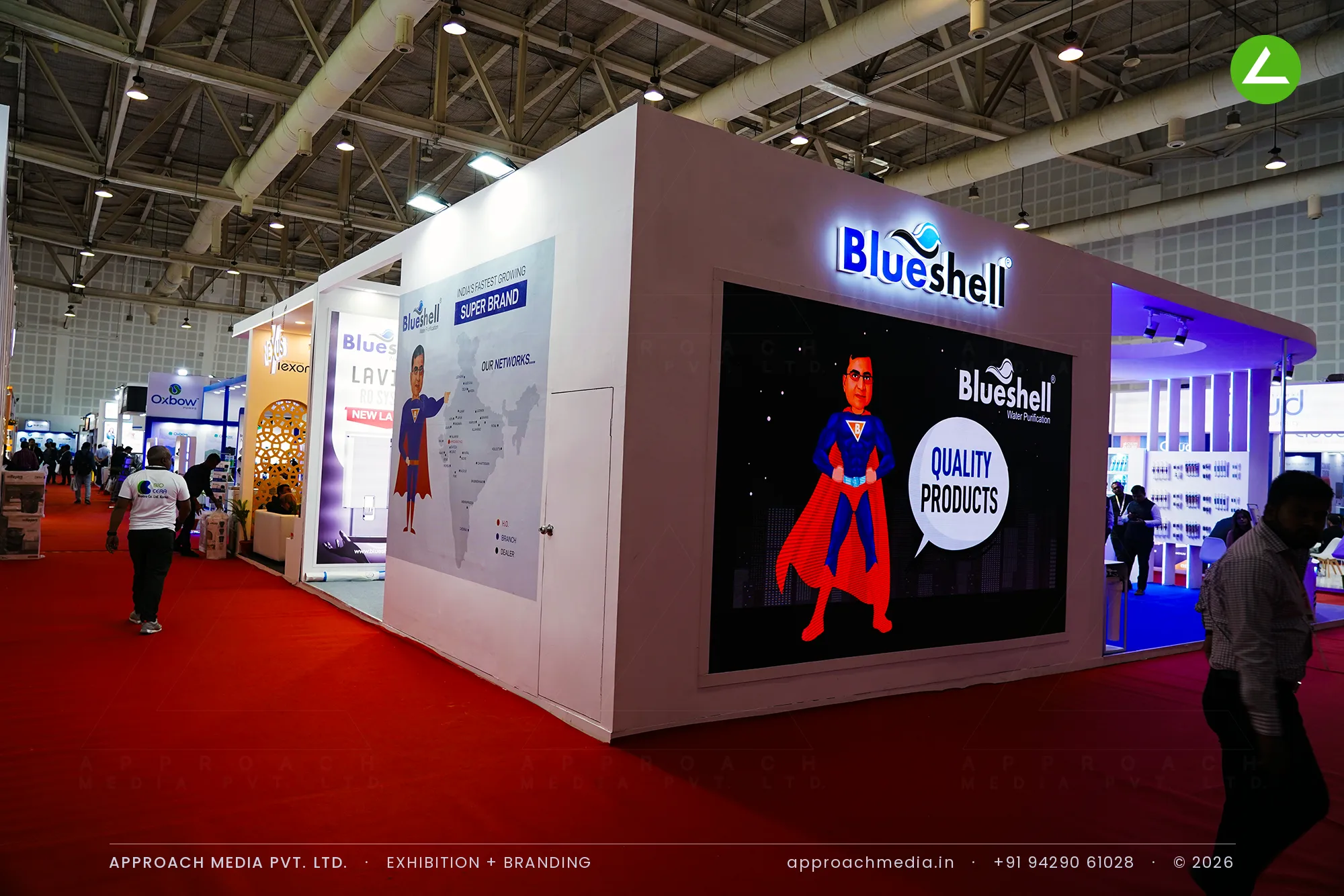 Blueshell at WAPTAG Water Expo Gandhinagar: a 45 sqm exhibition stall design in white and violet — photo 2