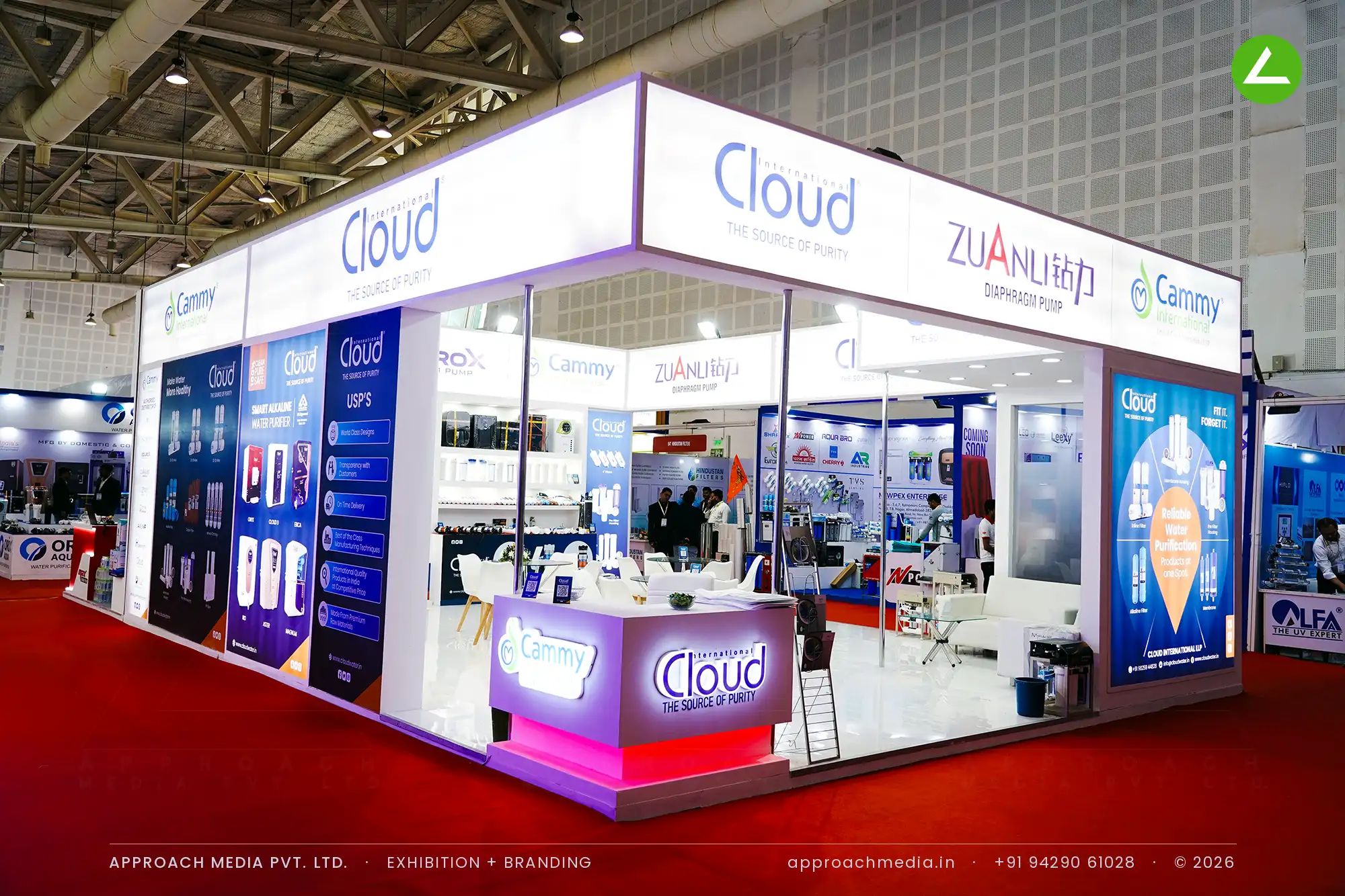 Cloud International exhibition stall design at WAPTAG Water Expo Gandhinagar with a backlit fascia and gloss white floor