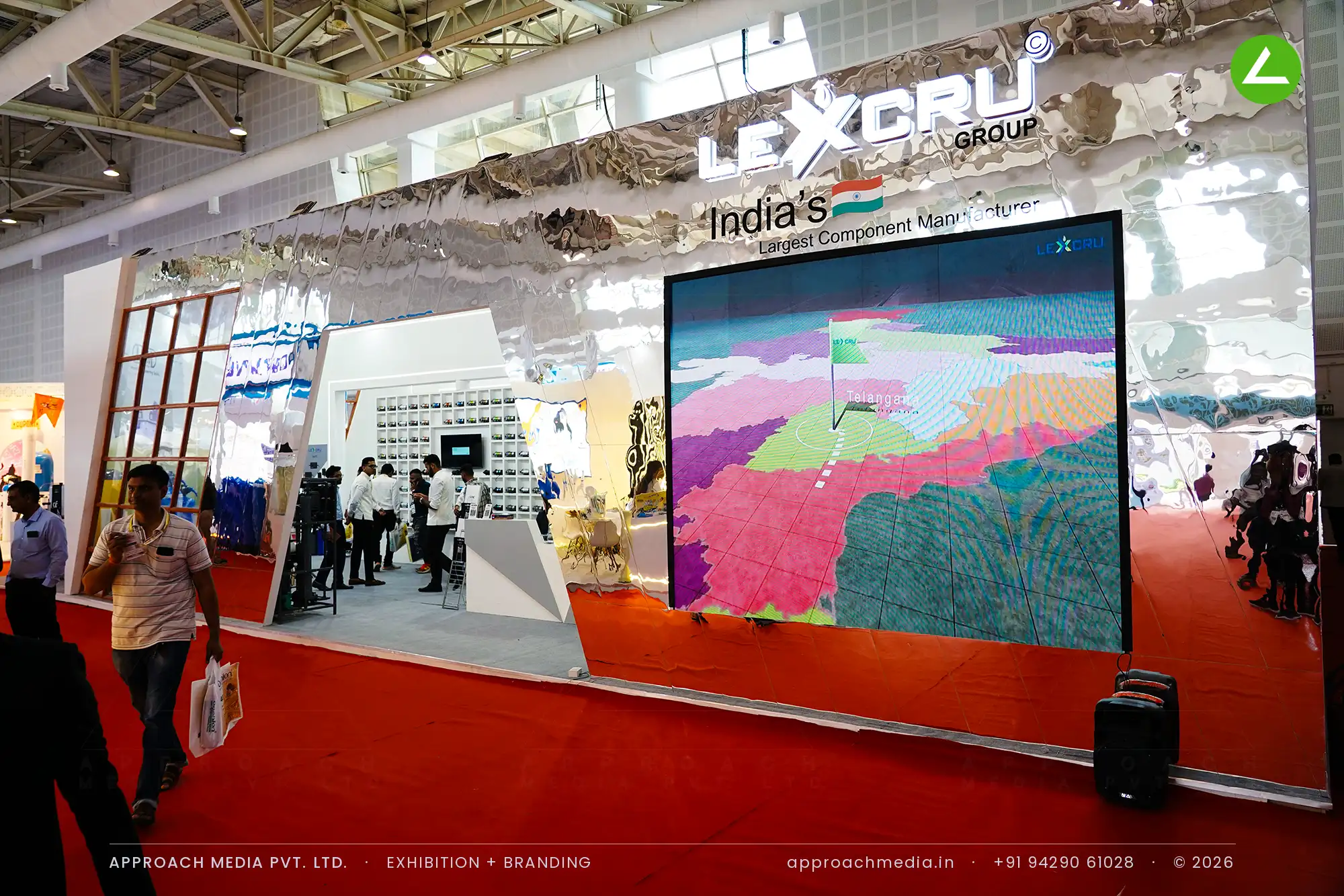 Lexcru Group exhibition stall design at WAPTAG Water Expo Gandhinagar clad in rippled mirror sheet with an LED video wall