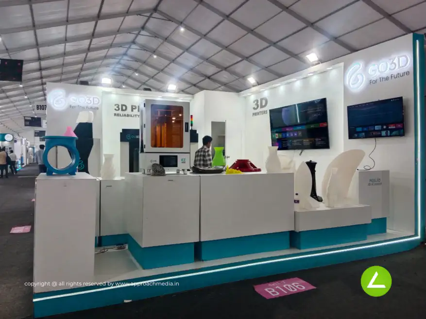 3D Printing Exhibition Stall Design at IMPEX Delhi — 36 sqm 2 side open trade show booth for Go 3D at IMPEX 2025, 2025