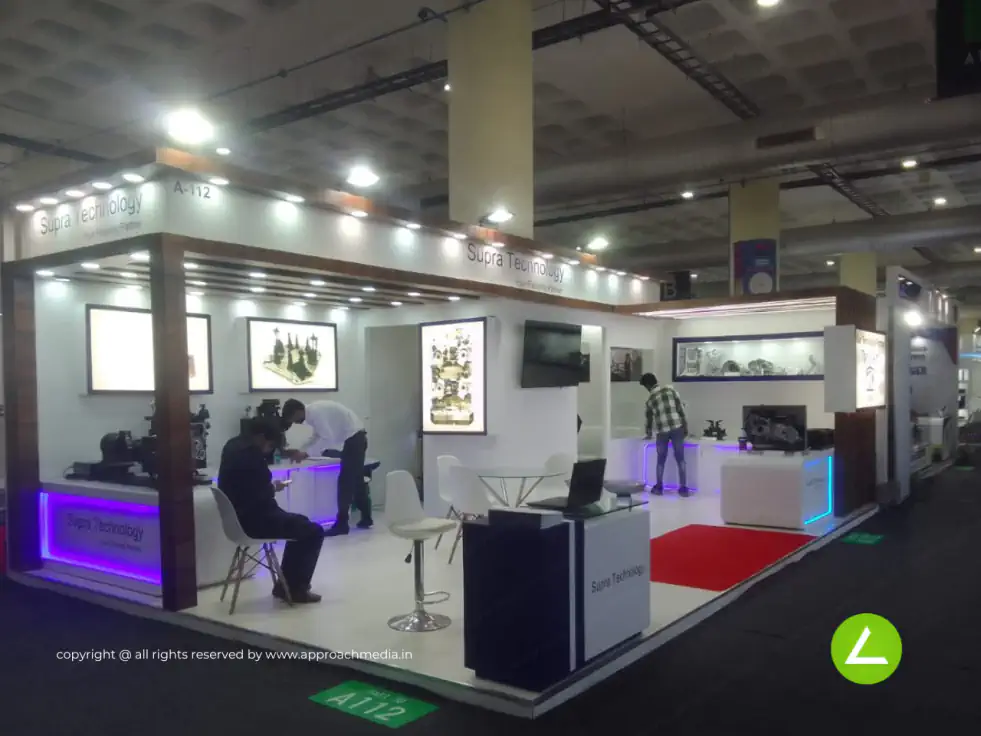 Technology Exhibition Stall Design at IMPEX Delhi — 40 sqm 2 side open trade show booth for Supra Tech at IMPEX 2025, 2025