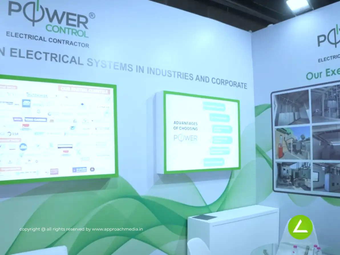Power Control Panel Exhibition Stall Design at Plexpo Gandhinagar — 18 sqm 1 side open trade show booth for Power Control at Plexpo 2025, 2025