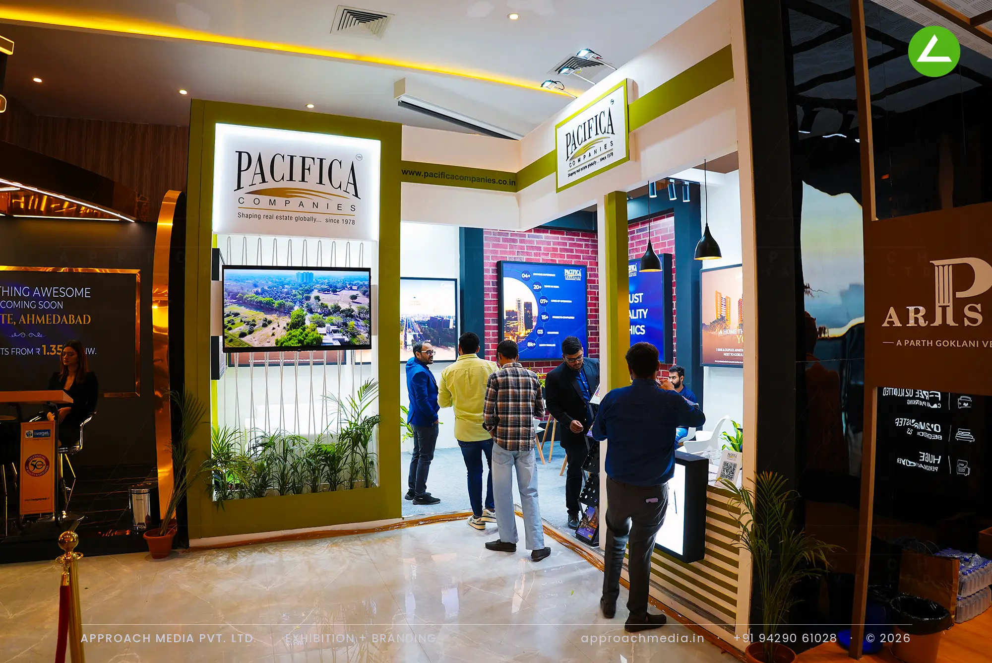 One open side, 27 sqm: Pacifica Companies exhibition stall design at Ahmedabad Mirror Property Expo — photo 3