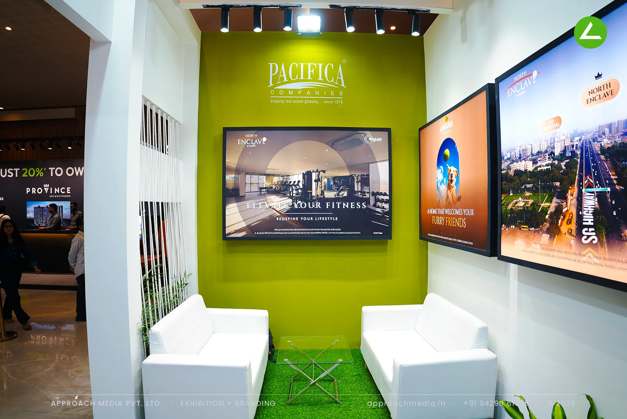 One open side, 27 sqm: Pacifica Companies exhibition stall design at Ahmedabad Mirror Property Expo — photo 2