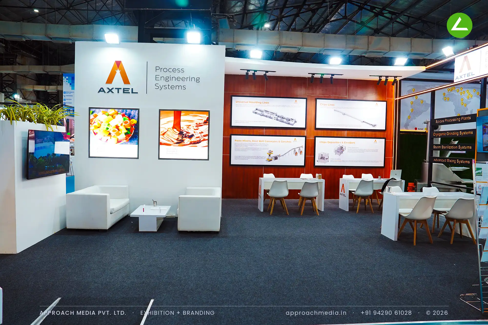 Axtel at AnuFood Mumbai: a 105 sqm exhibition stall design built around working machines — photo 2