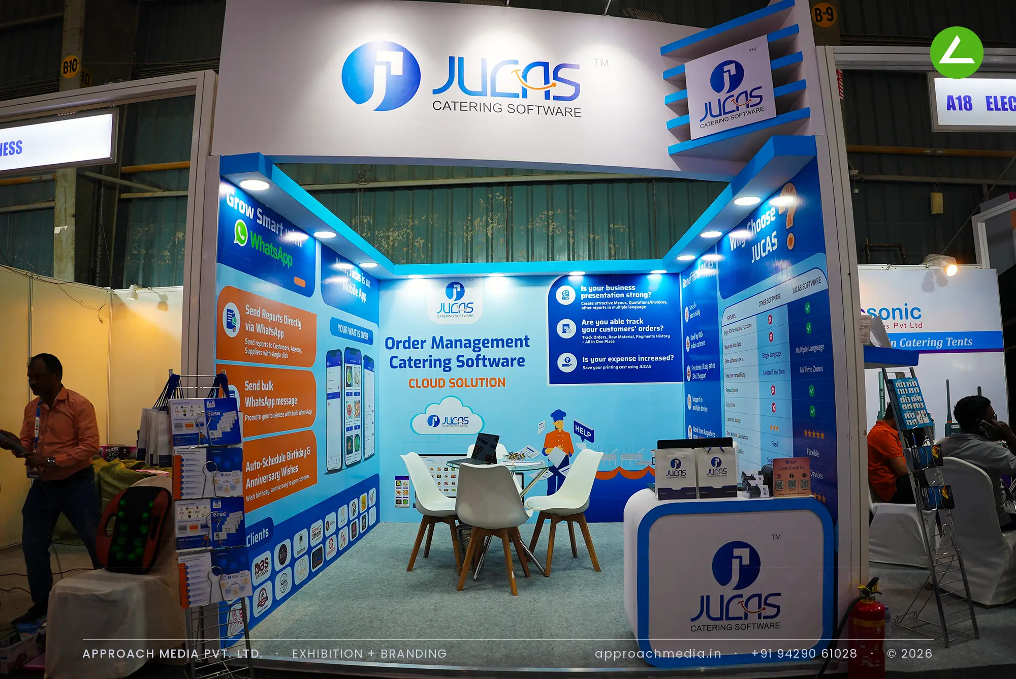 JUCAS exhibition stall design at Catering and Decor Expo Mumbai with printed feature walls and a curved logo header