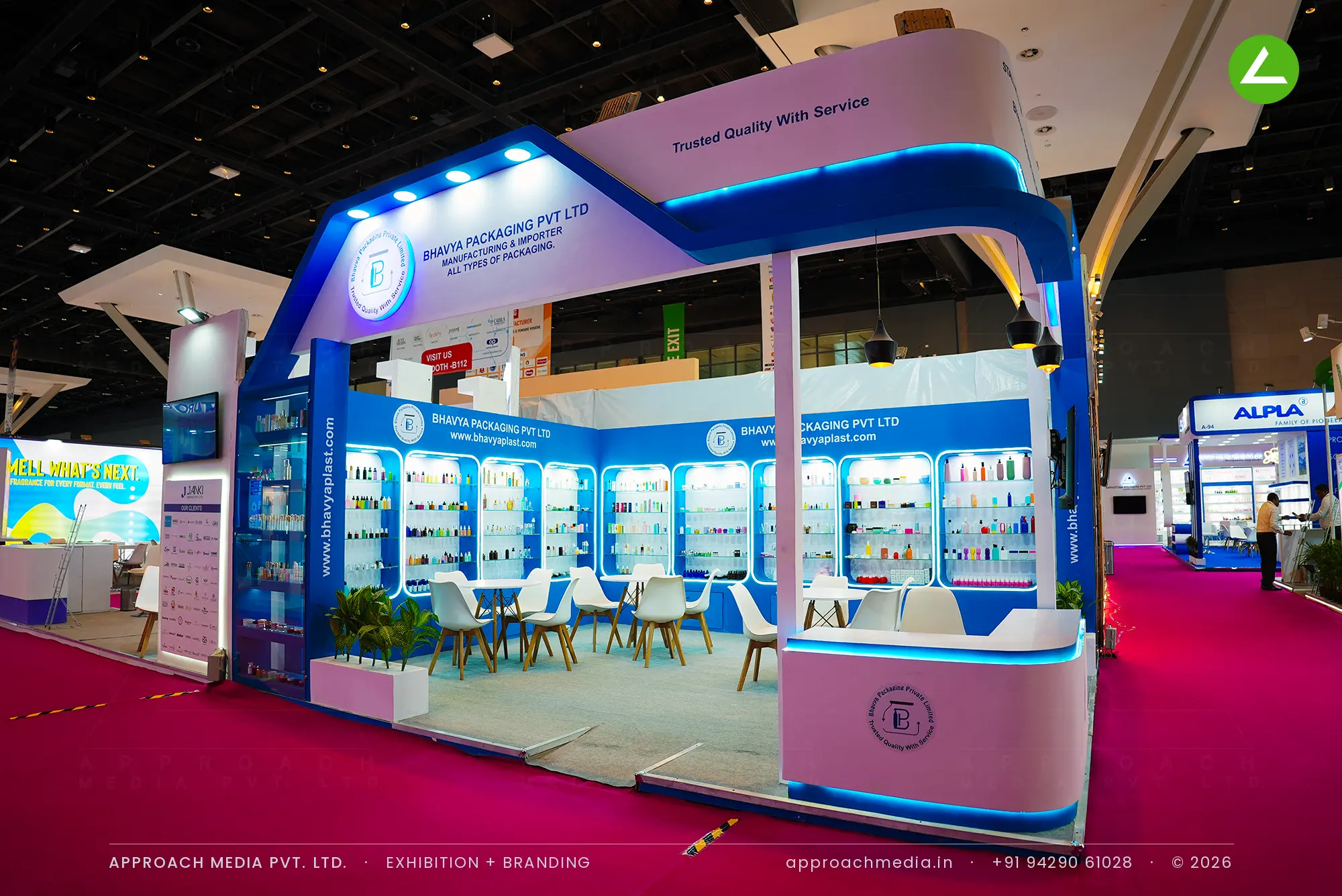 Lit display niches: Bhavya Packaging exhibition stall design at CMPL Expo, New Delhi — photo 3