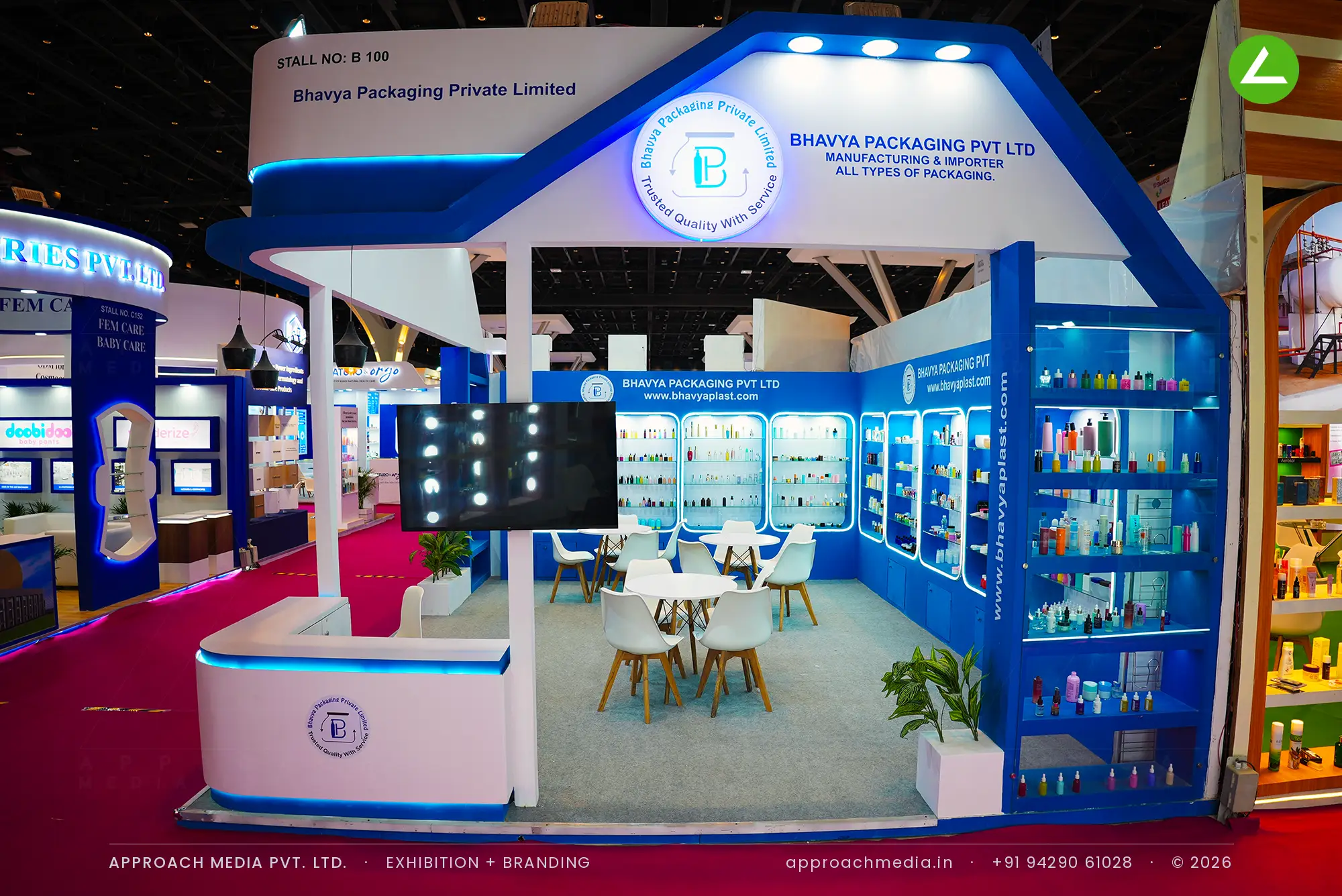 Lit display niches: Bhavya Packaging exhibition stall design at CMPL Expo, New Delhi — photo 2