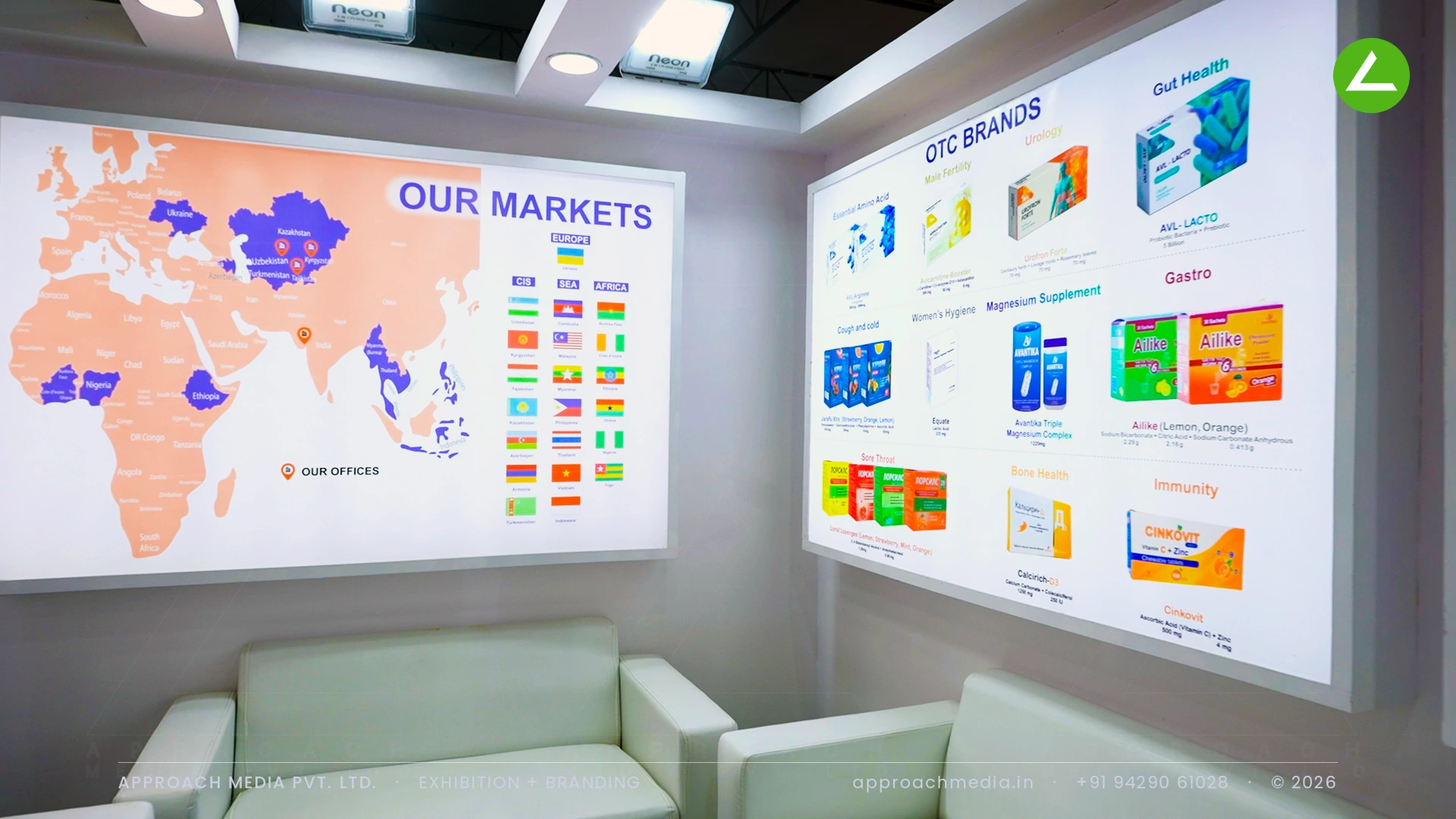 Avantika at CPHI Greater Noida: backlit exhibition stall design for a pharma exporter — photo 4