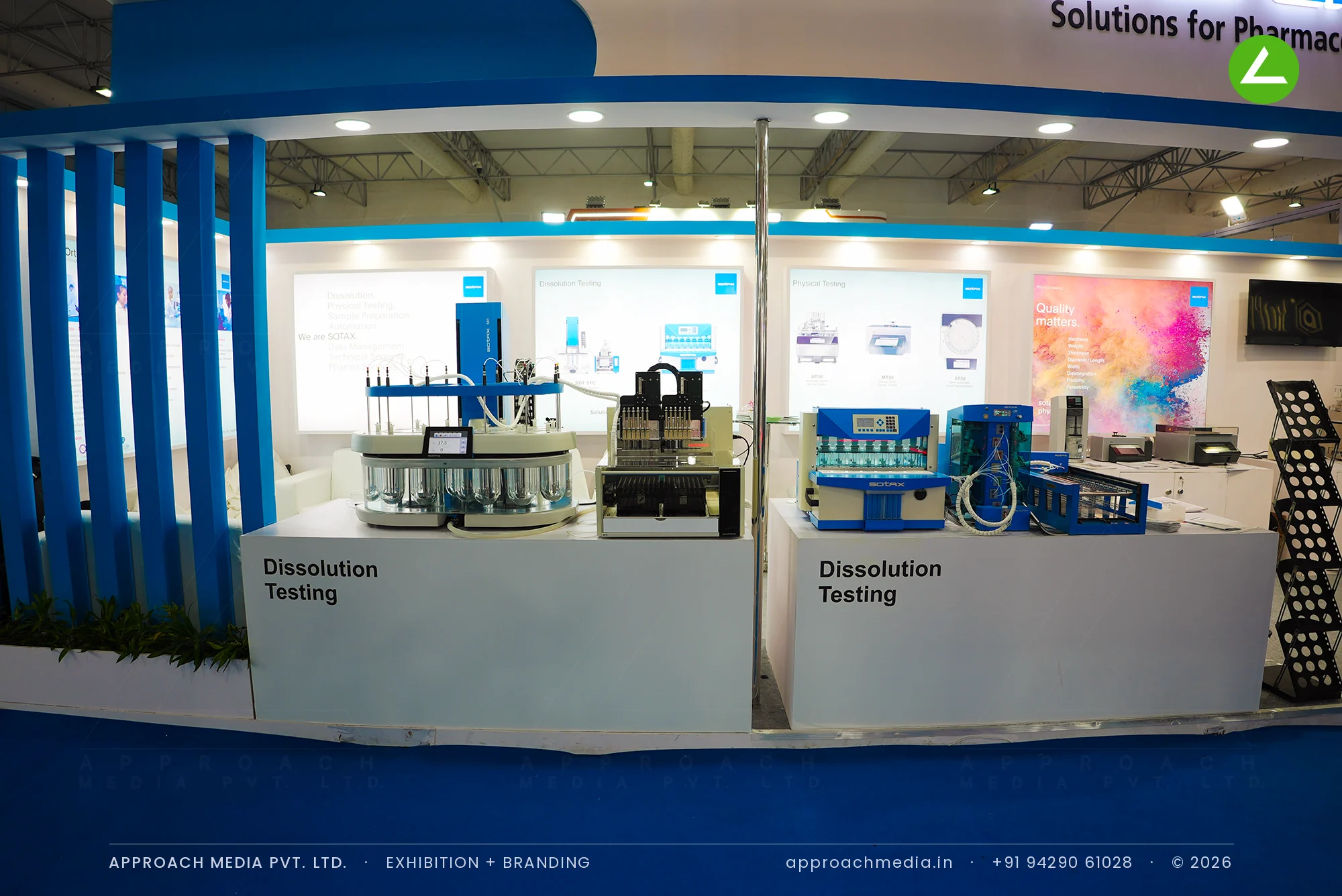 SOTAX exhibition stall design at CPHI Greater Noida, laid out like a lab bench — photo 4