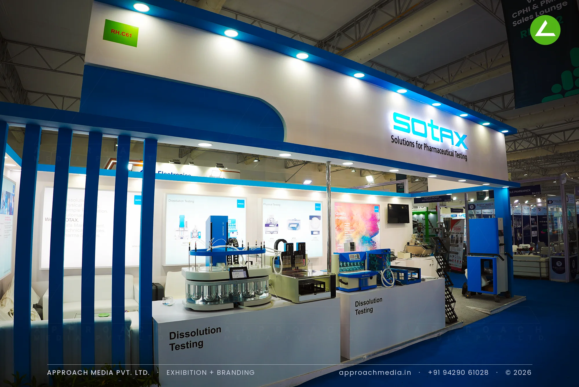 SOTAX exhibition stall design at CPHI Greater Noida, laid out like a lab bench — photo 3