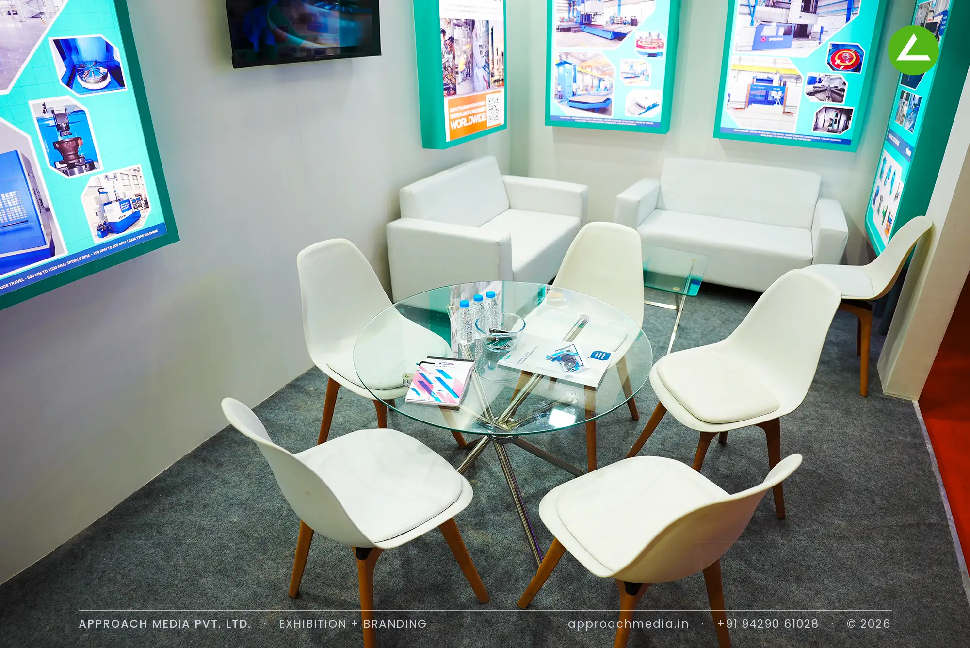 VHS Mechatronics (VHSM): teal-lit exhibition stall design at EngiMach Gandhinagar — photo 4