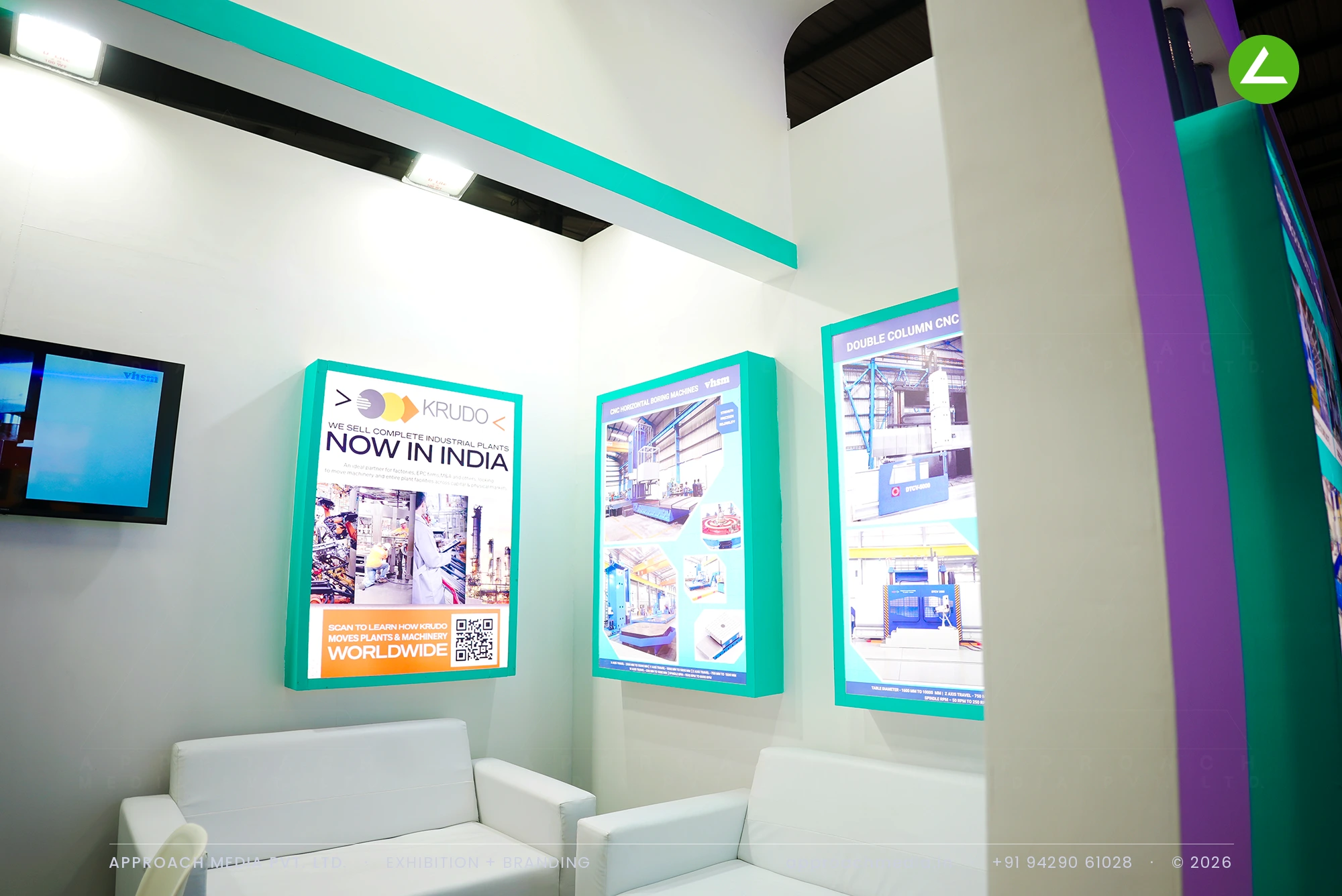 VHS Mechatronics (VHSM): teal-lit exhibition stall design at EngiMach Gandhinagar — photo 2