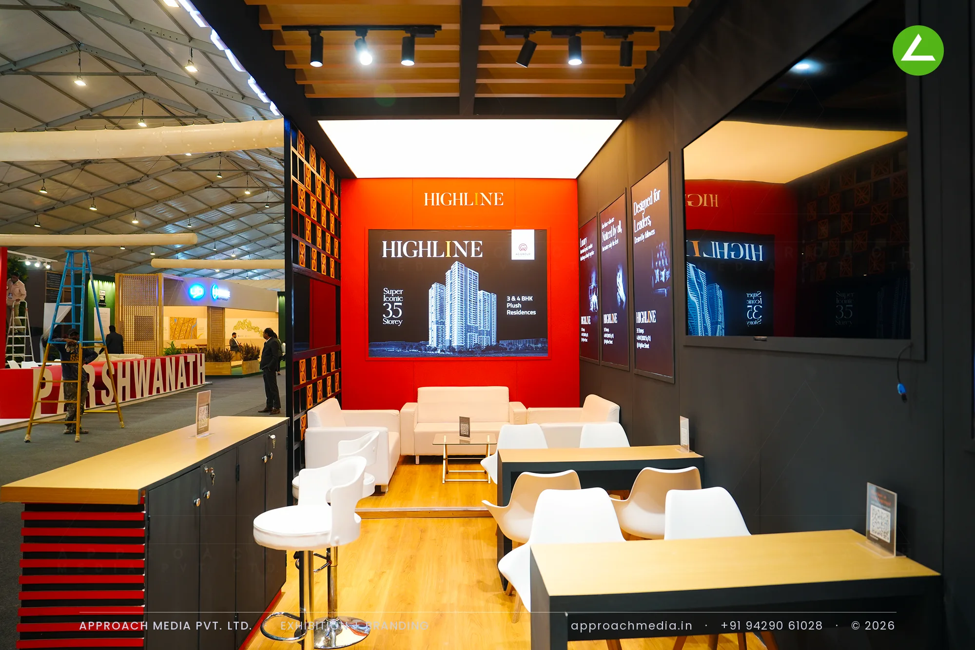 Highline by AG Group — exhibition stall design at GIHED Property Show Ahmedabad, with a walk-through gallery — photo 4