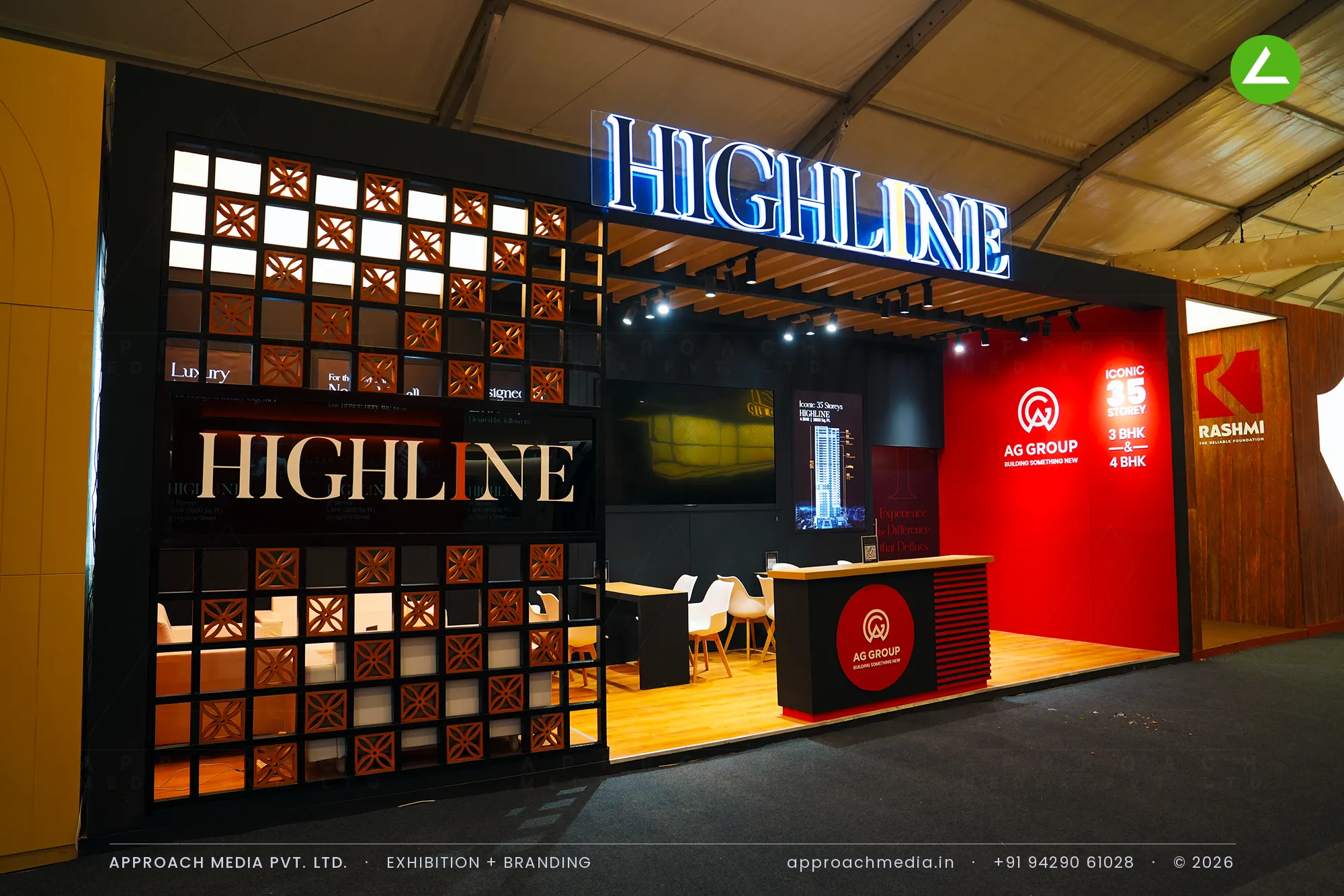 Highline by AG Group — exhibition stall design at GIHED Property Show Ahmedabad, with a walk-through gallery — photo 2
