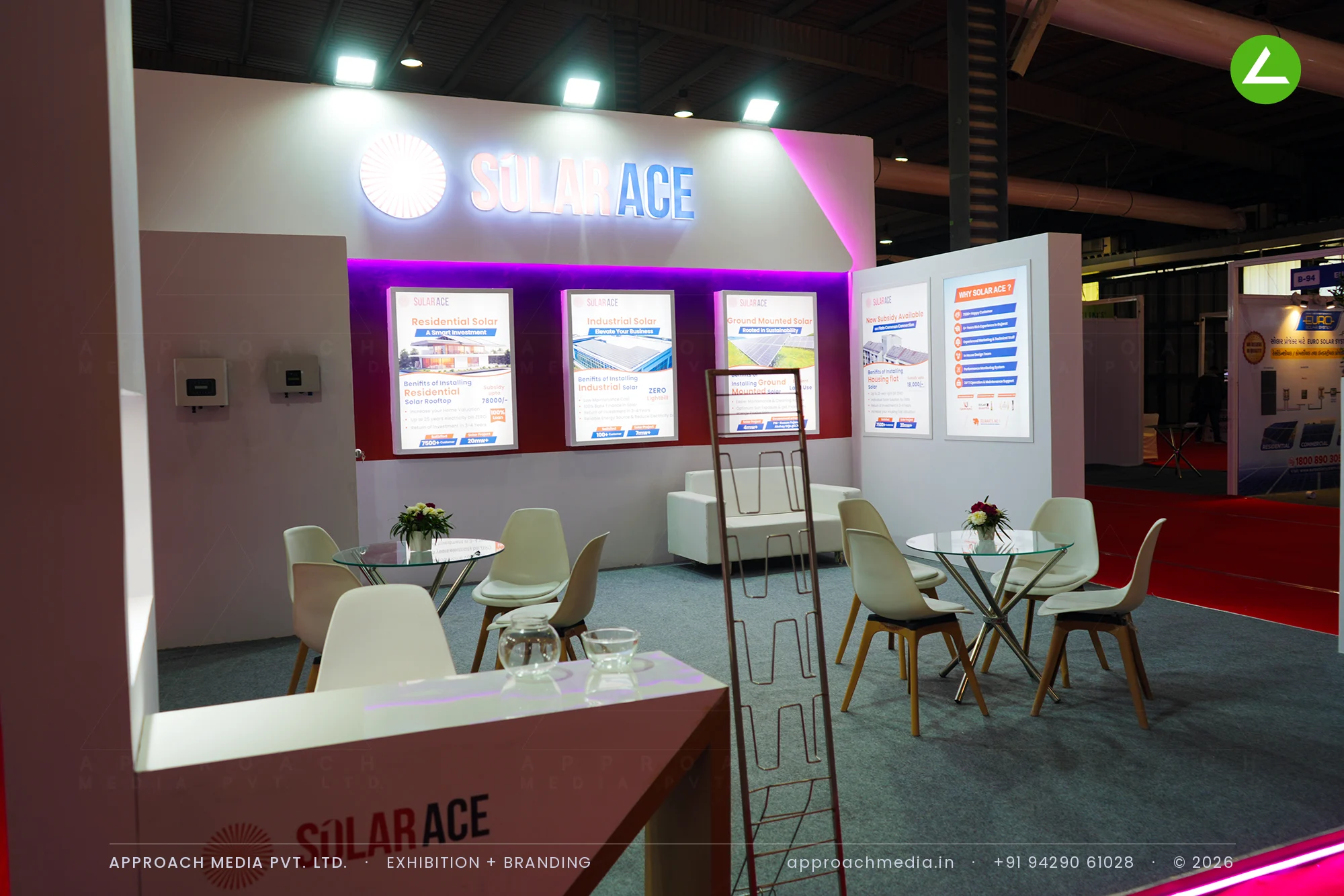 Solar Ace: 36 sqm three-side-open exhibition stall design at GPBS Gandhinagar 2025 — photo 3