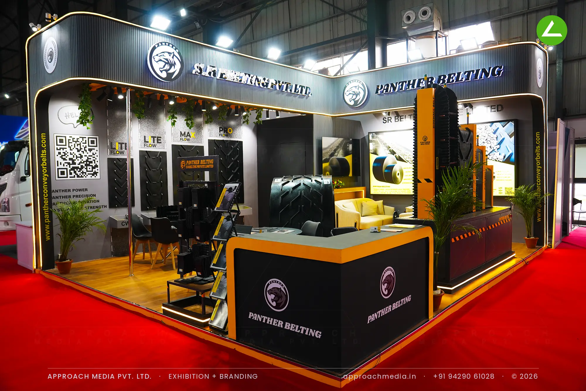 SR Belting Panther Belting exhibition stall design at Gujarat Conex Gandhinagar with lit fascia and belt roll display