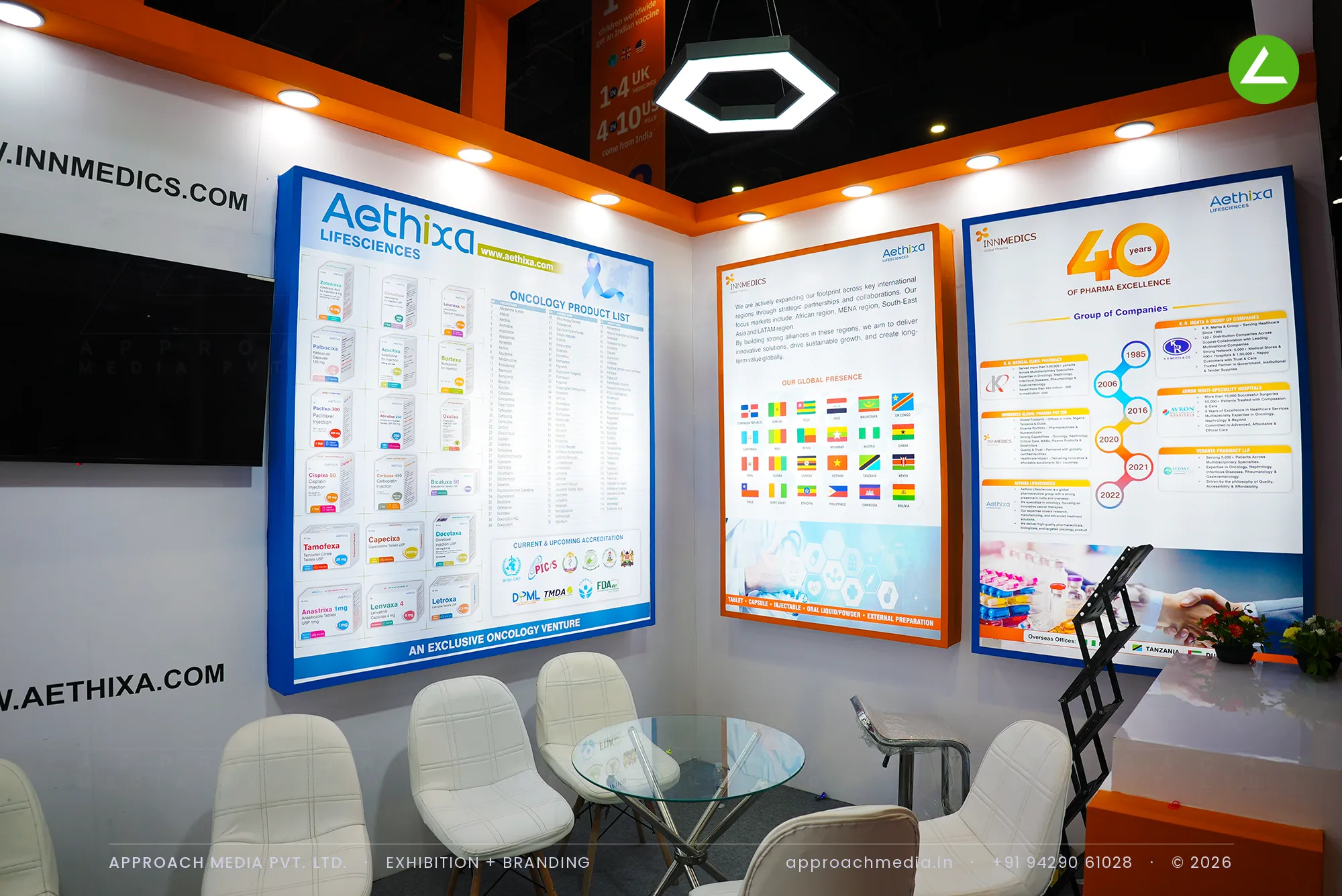 Aethixa Lifesciences and Innmedics: Orange-Framed Exhibition Stall Design at iPHEX New Delhi — photo 2