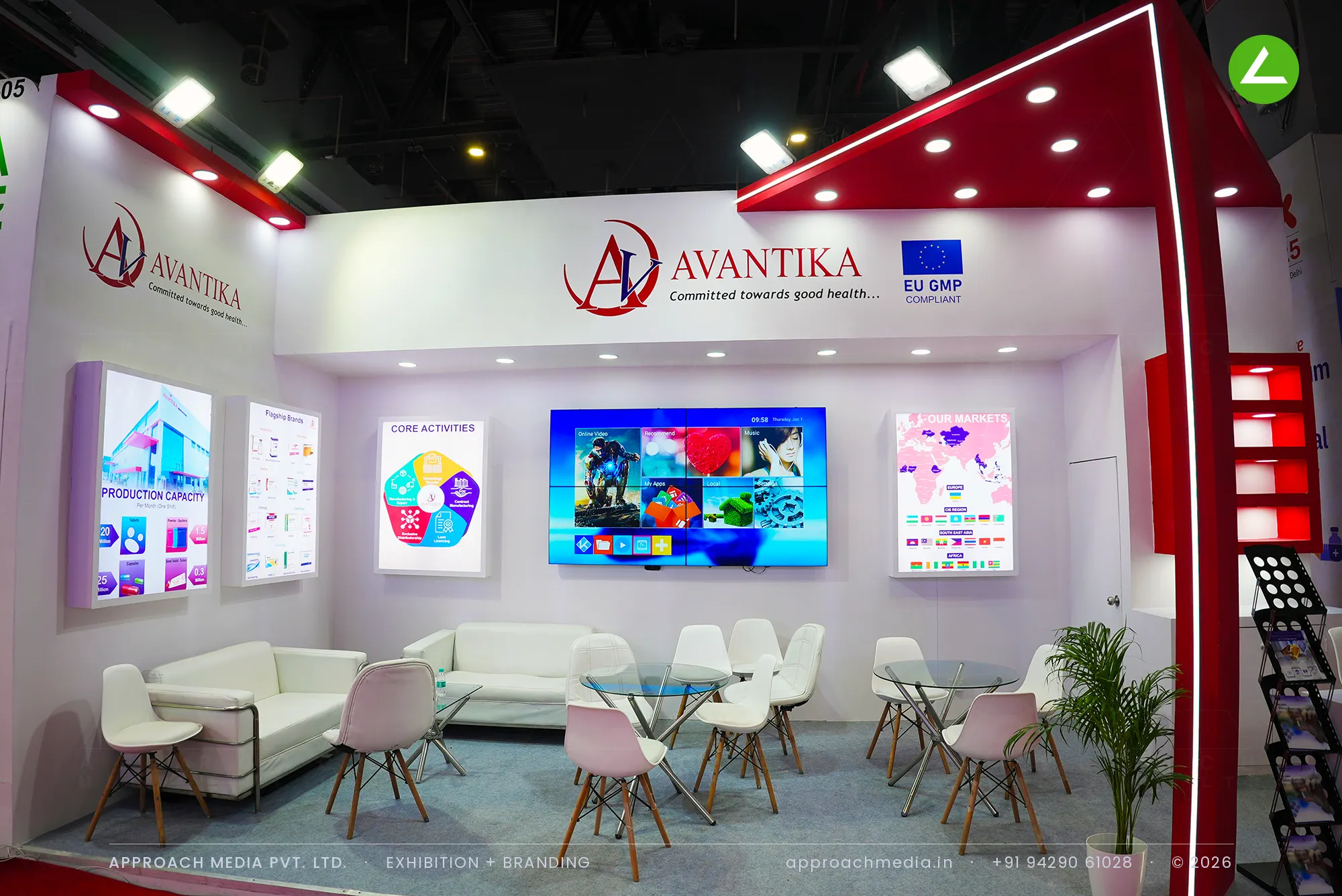 Avantika at iPHEX New Delhi — Red-and-White Exhibition Stall Design with an Angled Canopy — photo 4
